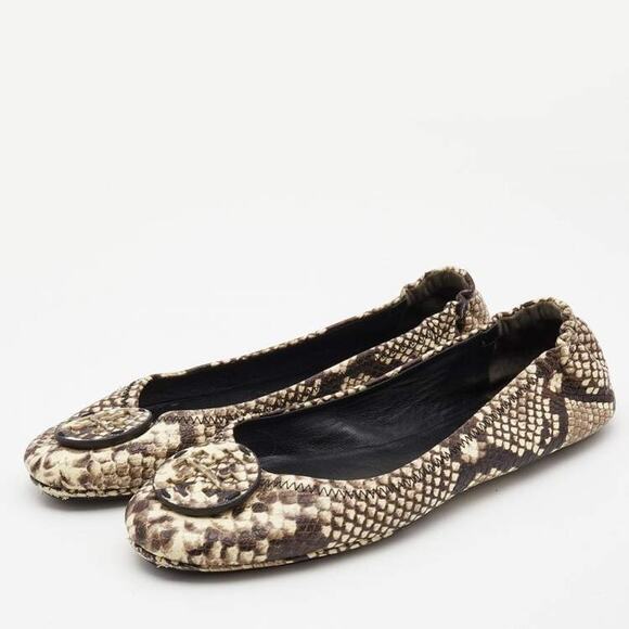 Tory Burch Minnie Flats Size 8 Roccia Snake Emboss Leather Logo Travel Ballet - Picture 3 of 14